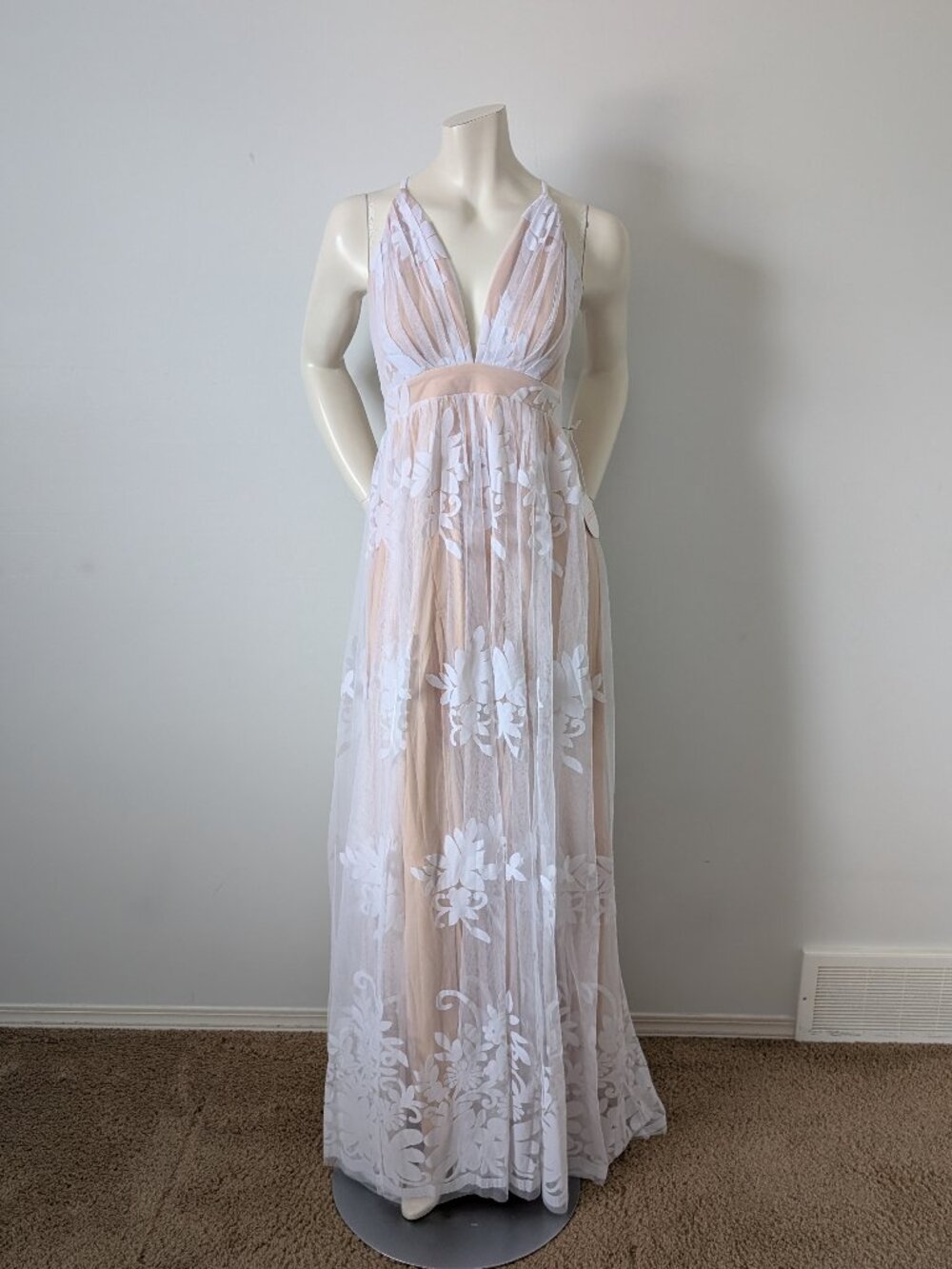 Luxxel - White and Beige Mesh Lace Maxi Dress - Size L - NWT